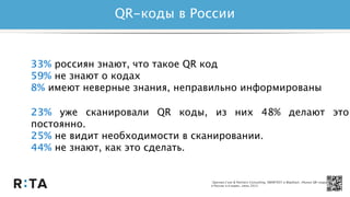 QR-коды в России
*Данные J’son & Partners Consulting, SMARTEST и WapStart, «Рынок QR-кодов
в России и в мире», июль 2012.
33% россиян знают, что такое QR код
59% не знают о кодах
8% имеют неверные знания, неправильно информированы
23% уже сканировали QR коды, из них 48% делают это
постоянно.
25% не видит необходимости в сканировании.
44% не знают, как это сделать.
 