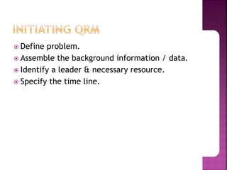  Define problem.
 Assemble the background information / data.
 Identify a leader & necessary resource.
 Specify the time line.
 