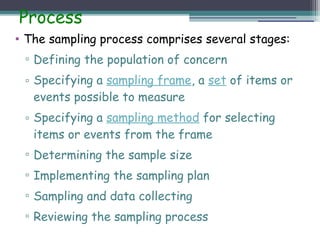 Process
• The sampling process comprises several stages:
▫ Defining the population of concern
▫ Specifying a sampling frame, a set of items or
events possible to measure
▫ Specifying a sampling method for selecting
items or events from the frame
▫ Determining the sample size
▫ Implementing the sampling plan
▫ Sampling and data collecting
▫ Reviewing the sampling process
 