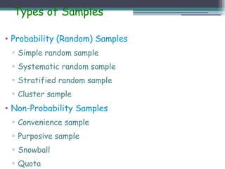 Types of Samples
• Probability (Random) Samples
▫ Simple random sample
▫ Systematic random sample
▫ Stratified random sample
▫ Cluster sample
• Non-Probability Samples
▫ Convenience sample
▫ Purposive sample
▫ Snowball
▫ Quota
 