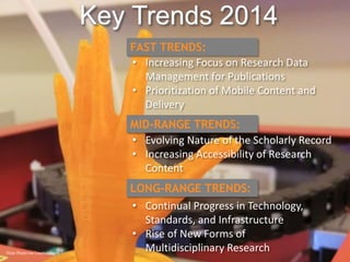 Key Trends 2014 
FAST TRENDS: 
• Increasing Focus on Research Data 
Management for Publications 
• Prioritization of Mobile Content and 
Delivery 
MID-RANGE TRENDS: 
• Evolving Nature of the Scholarly Record 
• Increasing Accessibility of Research 
Content 
LONG-RANGE TRENDS: 
• Continual Progress in Technology, 
Standards, and Infrastructure 
• Rise of New Forms of 
Multidisciplinary Research Flickr Photo via Creative Tools 
 