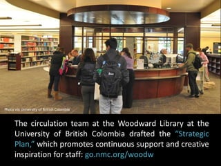 Photo via University of British Colombia 
The circulation team at the Woodward Library at the 
University of British Colombia drafted the “Strategic 
Plan,” which promotes continuous support and creative 
inspiration for staff: go.nmc.org/woodw 
 