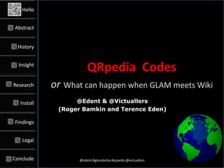 Hello


Abstract


 History


  Insight                QR Codes
                        QRpedia Codes
            or Why its illegal            to not use Wikipedia
Research    or What can happen when GLAM meets Wiki
                        Roger Bamkin
                  @Edent & @Victuallers
  Install
                         (Victuallers)
             (Roger Bamkin and Terence Eden)

Findings


   Legal


Conclude            @edent #glamderby #qrpedia @victuallers
 