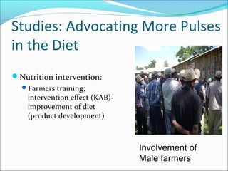 Studies: Advocating More Pulses
in the Diet
Nutrition intervention:
Farmers training;
intervention effect (KAB)-
improvement of diet
(product development)
Involvement of
Male farmers
 