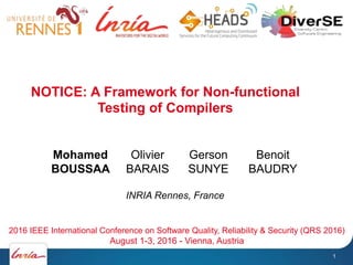 NOTICE: A Framework for Non-functional
Testing of Compilers
Mohamed
BOUSSAA
Olivier
BARAIS
Gerson
SUNYE
Benoit
BAUDRY
2016...