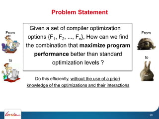 Given a set of compiler optimization
options {F1, F2, ..., Fn}, How can we find
the combination that maximize program
perf...