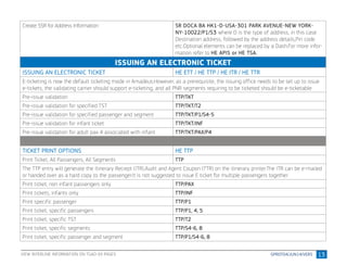 13
Create SSR for Address Information SR DOCA BA HK1-D-USA-301 PARK AVENUE-NEW YORK-
NY-10022/P1/S3 where D is the type of address, in this case
Destination address, followed by the address details,Pin code
etc.Optional elements can be replaced by a Dash.For more infor-
mation refer to HE APIS or HE TSA.
ISSUING AN ELECTRONIC TICKET
ISSUING AN ELECTRONIC TICKET HE ETT / HE TTP / HE ITR / HE TTR
E-ticketing is now the default ticketing mode in Amadeus.However, as a prerequisite, the issuing office needs to be set up to issue
e-tickets, the validating carrier should support e-ticketing, and all PNR segments requiring to be ticketed should be e-ticketable
Pre-issue validation TTP/TKT
Pre-issue validation for specified TST TTP/TKT/T2
Pre-issue validation for specified passenger and segment TTP/TKT/P1/S4-5
Pre-issue validation for infant ticket TTP/TKT/INF
Pre-issue validation for adult pax 4 associated with infant TTP/TKT/PAX/P4
TICKET PRINT OPTIONS HE TTP
Print Ticket, All Passengers, All Segments TTP
The TTP entry will generate the Itinerary Reciept (ITR),Audit and Agent Coupon (TTR) on the itinerary printer.The ITR can be e-mailed
or handed over as a hard copy to the passenger.It is not suggested to issue E ticket for multiple passengers together
Print ticket, non infant passengers only TTP/PAX
Print tickets, infants only TTP/INF
Print specific passenger TTP/P1
Print ticket, specific passengers TTP/P1, 4, 5
Print ticket, specific TST TTP/T2
Print ticket, specific segments TTP/S4-6, 8
Print ticket, specific passenger and segment TTP/P1/S4-6, 8
VIEW INTERLINE INFORMATION ON TGAD-XX PAGES
 