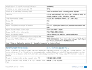 14
Print tickets for adult pax4 associated with infiant TTP/P4/PAX
Print ticket by over-riding for past date TST TTP/O
Print ticket by over-riding validating carrier TTP/V*YY (where YY is the validating carrier required)
E-Mail ITR ITR-EML-test@amadeus.co.in or ITR-EMLA in case the email ad-
dress in stored in the APE element of the PNR
Email ITR with ticket number ITR-EML-TEST@YAHOO.COM/TKT125-1234567890
Display ITR ITRD
Reprint ITR ITR
Reprint ITR in PNR with multiple FA elements ITR/L6/P1 (Specify the line no. of FA element mentioned in the
PNR)
Reprint the ITR with the ticket number ITR/TKT125-3301236584
Display the ITR with the ticket number ITRD/TKT125-3301236585
Reprint Audit/Agent Coupon TTR/L6 ( Mention the line no.of the FB/FA element)
Reprint Accounting Coupons for Specific Passenger in PNR TTR/L10/P3
To reprint the TTR from FB element in PNR history TTR/SN0000015698 (Note: Retrieve the history of the PNR and
take the sequence no. from the FB element)
Note: TTR can be displayed or reprinted till 7 days after issuance of an Electronic Ticket
TICKET NUMBER TRANSMISSION HE FA / HE FH /HE OS / GG PCA xx
After a successful ticket issuance request , the PNR is updated with the ticket number in the FA line, with the issue indicator “E” for
electronic ticket, and “T” for Ticketed. You cannot manually add or modify an FA element in the PNR. When you rebook or cancel an
air segment for an electronic ticket, the FA element is automatically moved to the PNR History, and an FHE element is created in
the PNR
To add the electronic ticket number manually to the PNR FHE 125-3114500900
To add the electronic ticket number for an infant manually to the
PNR
FHE INF 125-3114500911
SALES REPORTS FOR PAST 2 MONTHS
 