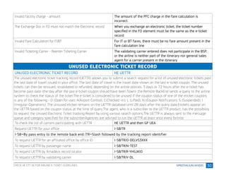 30
Invalid facility charge - amount The amount of the PFC charge in the fare calculation is
incorrect.
The Exchange Doc in FO must not match the Electronic record When you exchange an electronic ticket, the ticket number
specified in the FO element must be the same as the e-ticket
record
Invalid Fare Calculation for IT/BT For IT or BT fares, there must be no fare amount present in the
fare calculation line
Invalid Ticketing Carrier - Reenter Ticketing Carrier The validating carrier entered does not participate in the BSP,
or the airline is neither part of the itinerary nor general sales
agent for a carrier present in the itinerary
UNUSED ELECTRONIC TICKET RECORD
UNUSED ELECTRONIC TICKET RECORD HE UETTR
The unused electronic ticket tracking record (UETTR) allows you to submit a search request for a list of unused electronic tickets past
the last date of travel issued in your office. The last date of travel is the travel date shown on the last e-ticket coupon. The unused
tickets can then be reissued, revalidated or refunded, depending on the airline policies. 3 days or 72 hours after the e-ticket has
become past date (the day after the last e-ticket coupon should have been flown) ,the Remore BackEnd sends a query to the airline
system to check the status of the ticket.The e-ticket is considered to be unused if the coupon status of one of the eticket coupons
is any of the following - O (Open for use), A(Airport Control), C(Checked -in), L (Lifted), N (Coupon Notification), S (Suspended), I
(Irregular Operations) .The unsused eticket remains on the UETTR database until 28 days after the query date.Etickets appear on
the UETTR based on the coupon status at the time of query.The agent, who is a subscriber to the UETTR product, has the possibility
to request the Unused Electronic Ticket tracking Report by using various search options.The UETTR is always sent to the message
queue and category specified for the subscriber.Agencies are advised to run the UETTR at least once every fortnite
To check the list of carriers participating with UETTR HE UETTR and then GP UEA
Request UETTR for your office I-SB/TR
I-SB=By pass entry to the remote back end /TR=Slash followed by the tracking report identifier
To request UETTR for an affiliated office by office ID I-SB/TR/O-DELVS3XXX
To request UETTR by passenger name I-SB/TR/N-TEST
To request UETTR by Amadeus record locator I-SB/TR/R-YHGJKIO
To request UETTR by validating carrier I-SB/TR/V-DL
CHECK HE ETT XX FOR AIRLINE E-TICKET GUIDELINES
 