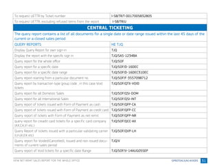 31
To request UETTR by Ticket number I-SB/TR/T-0017005832805
To request UETTR, excluding refused items from the report I-SB/TR/U
CENTRAL TICKETING
The query report contains a list of all documents for a single date or date range issued within the last 45 days of the
current or a closed sales period
QUERY REPORTS HE TJQ
Display Query Report for own sign-in TJQ
Display the report with the specific sign in TJQ/SAS-1234BA
Query report for the whole office TJQ/SOF
Query report for a specific date TJQ/SOF/D-16DEC
Query report for a specific date range TJQ/SOF/D-16DEC31DEC
Query report starting from a particular document no. TJQ/SOF/F-3557098712
Query report by transaction type group code , in this case Void
tickets
TJQ/SOF/QTX-VOID
Query report for all Domestic Sales TJQ/SOF/QSI-DOM
Query report for all International Sales TJQ/SOF/QSI-INT
Query report of tickets issued with Form of Payment as cash TJQ/SOF/QFP-CA
Query report of tickets issued with Form of Payment as credit card TJQ/SOF/QFP-CC
Query report of tickets with Form of Payment as net remit TJQ/SOF/QFP-NR
query report for creadit card tickets for a specific card company
(AX,CA,VI etc.)
TJQ/SOF/QCC-AX
Query Report of tickets issued with a particular validating carrier
(LH,AI,EK etc)
TJQ/SOF/QVP-LH
Query report for Voided(Cancelled), Issued and non issued docu-
ments of current sales period
TJQ/V
Query report of Void tickets for a specific date Range TJQ/SOF/V-14AUG05SEP
VIEW NET REMIT SALES REPORT FOR THE WHOLE OFFICE
 