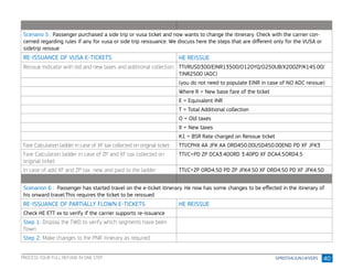 40
Scenario 5 : Passenger purchased a side trip or vusa ticket and now wants to change the itinerary. Check with the carrier con-
cerned regarding rules if any for vusa or side trip reissuance. We discuss here the steps that are different only for the VUSA or
sidetrip reissue
RE-ISSUANCE OF VUSA E-TICKETS HE REISSUE
Reissue Indicator with old and new taxes and additional collection: TTI/RUSD300/EINR13500/O120YQ/O250UB/X200ZP/K145.00/
TINR2500 (ADC)
(you do not need to populate EINR in case of NO ADC reissue)
Where R = New base fare of the ticket
E = Equivalent INR
T = Total Additional collection
O = Old taxes
X = New taxes
K1 = BSR Rate charged on Reissue ticket
Fare Calculation ladder in case of XF tax collected on original ticket: TTI/CPHX AA JFK AA ORD450.00USD450.00END PD XF JFK3
Fare Calculation ladder in case of ZP and XF tax collected on
original ticket:
TTI/C+PD ZP DCA3.40ORD 3.40PD XF DCA4.5ORD4.5
In case of add XF and ZP tax  new and paid to the ladder TTI/C+ZP ORD4.50 PD ZP JFK4.50 XF ORD4.50 PD XF JFK4.50
Scenarion 6 : Passenger has started travel on the e-ticket itinerary. He now has some changes to be effected in the itinerary of
his onward travel.This requires the ticket to be reissued
RE-ISSUANCE OF PARTIALLY FLOWN E-TICKETS HE REISSUE
Check HE ETT xx to verify if the carrier supports re-issuance
Step 1: Display the TWD to verify which segments have been
flown
Step 2: Make changes to the PNR itinerary as required
PROCESS YOUR FULL REFUND IN ONE STEP
 