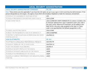 52
LOCAL SECURITY ADMINISTRATION
LOCAL SECURITY ADMINISTRATION COMMANDS HE LSA
Note: These entries are only applicable if you have the LSA rights set up in your sign-in (LSA=Local Security Administrator). If the
person designated as LSA resigns , the agency must inform the Amadeus Helpdesk to make the necessary amendment.
TO DISPLAY THE SIGN BANK OF YOUR OWN OFFICE JCD
TO DISPLAY PREFERENCES FOR ANOTHER USER’S SIGN IN JGD1122AB
TO ADD A NEW SIGN IN JGA1122AB/USN-USER’S NAME/DUTA-SU (where 1122AB is the
6 character alphanumeric sign-in allotted to each user; USN is
the user’s name. Maximum 8 characters can be added in this
field; DUTA is the duty code assigned to the Sign-In. If duty
code is not specified,then the Default assignment is AS.)
TO CANCEL AN EXISTING SIGN IN JGX1122AB
TO RESET THE PASSWORD OF A SIGN IN TO “AMADEUS 1” JGR1122AB/PWD
TO RESTRICT A PARTICULAR SIGN-IN FROM DOING ANY ENTRY
STARTING WITH “Q”
JGU/PACA-Q
SIGN IN ATTRIBUTES HE JGU
TO ATTACH A LANGUAGE PREFERENCE( FRENCH) JGU/LNG-FR
TO DISPLAY TIMINGS BY THE 12 HOUR CLOCK JGU/TCM-12
TO GET THE DISTANCE IN KILOMETRES JGU/DIS-K
TO DISPLAY SECURITY PROFILE OF THE SIGN IN JGD/S
TO DISPLAY THE RIGHTS AND DUTIES OF THE SIGN IN JGD/R
TO DISPLAY THE PREFERENCES OF THE SIGN IN JGD/P
TO DISPLAY CURRENCY PREFERENCES FOR CARS/HOTEL/FARES/
TICKETING
JGD/C
REACH HELPDESK AT TOLL FREE 1800111200
 