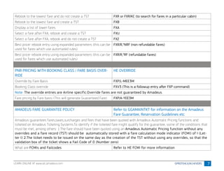 7
Rebook to the lowest fare and do not create a TST FXR or FXR/KC (to search for fares in a particular cabin)
Rebook to the lowest fare and create a TST FXB
Display a list of lower fares FXA
Select a fare after FXA, rebook and create a TST FXU
Select a fare after FXA, rebook and do not create a TST FXZ
Best pricer rebook entry using expanded parameters (this can be
used for fares which use automated rules)
FXR/R,*NRF (non refundable fares)
Best pricer rebook entry using expanded parameters (this can be
used for fares which use automated rules)
FXR/R,*RF (refundable fares)
PNR PRICING WITH BOOKING CLASS / FARE BASIS OVER-
RIDE
HE OVERRIDE
Override by Fare Basis FXP/L-MEE3M
Booking Class override FXV3 (This is a followup entry after FXP command)
Note: The override entries are Airline specific.Override fares are not guaranteed by Amadeus.
Fare pricing by Fare basis (This will generate Guaranteed Fare) FXP/A-YEE3M
AMADEUS FARE GUARANTEE POLICY Refer to GGAMAINTKT for information on the Amadeus
Fare Guarantee, Reservation Guidelines etc.
Amadeus guarantees fares,taxes,surcharges and fees that have been quoted with Amadeus Automatic Pricing functions and
ticketed on Amadeus Ticketing Systems.To identify if the ticketed fare might qualify for the guarantee, some of the conditions that
must be met, among others: 1.The fare should have been quoted using an Amadeus Automatic Pricing function without any
overrides and a fare record (TST) should be automatically stored with a fare calculation mode indicator (FCMI) of I (Let-
ter I) 2.The ticket needs to be issued on the same day as the creation of the TST without using any overrides, so that the
validation box of the ticket shows a Fail Code of 0 (Number zero)
What are FCMIs and Failcodes Refer to HE FCMI for more information
LEARN ONLINE AT www.alc.amadeus.com
 