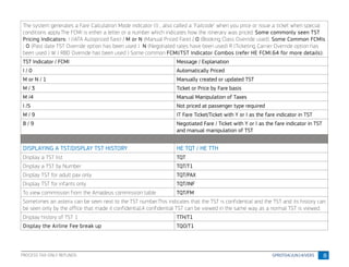 8
The system generates a Fare Calculation Mode indicator (I) , also called a "Failcode" when you price or issue a ticket when special
conditions apply.The FCMI is either a letter or a number which indicates how the itinerary was priced. Some commonly seen TST
Pricing Indicators: I (IATA Autopriced fare) / M or N (Manual Priced Fare) / O (Booking Class Override used). Some Common FCMIs
: O (Past date TST Override option has been used ) N (Negotiated rates have been used) R (Ticketing Carrier Override option has
been used ) W ( RBD Override has been used ) Some common FCMI/TST Indicator Combos (refer HE FCMI.64 for more details):
TST Indicator / FCMI Message / Explanation
I / 0 Automatically Priced
M or N / 1 Manually created or updated TST
M / 3 Ticket or Price by Fare basis
M /4 Manual Manipulation of Taxes
I /5 Not priced at passenger type required
M / 9 IT Fare Ticket/Ticket with Y or I as the fare indicator in TST
B / 9 Negotiated Fare / Ticket with Y or I as the fare indicator in TST
and manual manipulation of TST
DISPLAYING A TST/DISPLAY TST HISTORY HE TQT / HE TTH
Display a TST list TQT
Display a TST by Number TQT/T1
Display TST for adult pax only TQT/PAX
Display TST for infants only TQT/INF
To view commission from the Amadeus commission table TQT/FM
Sometimes an asterix can be seen next to the TST number.This indicates that the TST is confidential and the TST and its history can
be seen only by the office that made it confidential.A confidential TST can be viewed in the same way as a normal TST is viewed.
Display history of TST 1 TTH/T1
Display the Airline Fee break up TQO/T1
PROCESS TAX-ONLY REFUNDS
 