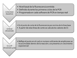 • Nivel basal de la fluorescencia emitida
                    • Definido durante los primeros ciclos de la PCR
   Línea base       • Programada en cada software de PCR en tiempo real
   (baseline)




                    • Es el punto de corte de la fluorescencia por encima de la línea base
    Umbral
                    • A partir de esta línea de corte se calcula los valores de Ct
  (threshold)




                    • Refleja el punto en el cual un numero suficiente de amplicones se
                      ha acumulado dentro de la reacción y se presenta un crecimiento
     Ct o CP          exponencial
(threshold cycle)
 