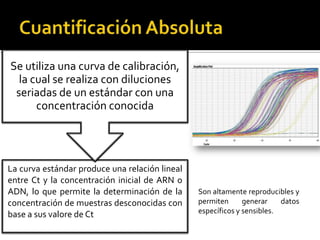 Se utiliza una curva de calibración,
  la cual se realiza con diluciones
 seriadas de un estándar con una
      concentración conocida




La curva estándar produce una relación lineal
entre Ct y la concentración inicial de ARN o
ADN, lo que permite la determinación de la      Son altamente reproducibles y
concentración de muestras desconocidas con      permiten      generar    datos
base a sus valore de Ct                         específicos y sensibles.
 