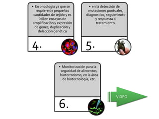 • En oncología ya que se             • en la detección de
   requiere de pequeñas             mutaciones puntuales,
 cantidades de tejido y es         diagnostico, seguimiento
     útil en ensayos de                  y respuesta al
 amplificación y expresión               tratamiento.
  de genes, duplicación y
     delección genética



4.                                5.
                 • Monitorización para la
                  seguridad de alimentos,
                  bioterrorismo, en la área
                   de biotecnología, etc.



                                                     VIDEO

                 6.
 