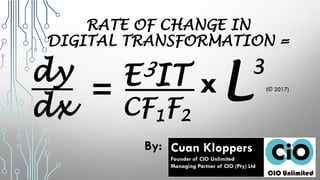 RATE OF CHANGE IN
DIGITAL TRANSFORMATION =
Cuan Kloppers
Founder of CIO Unlimited
Managing Partner of CIO (Pty) Ltd
By:
dy
dx
x= L
3
(© 2017)
E3IT
CF1F2
 
