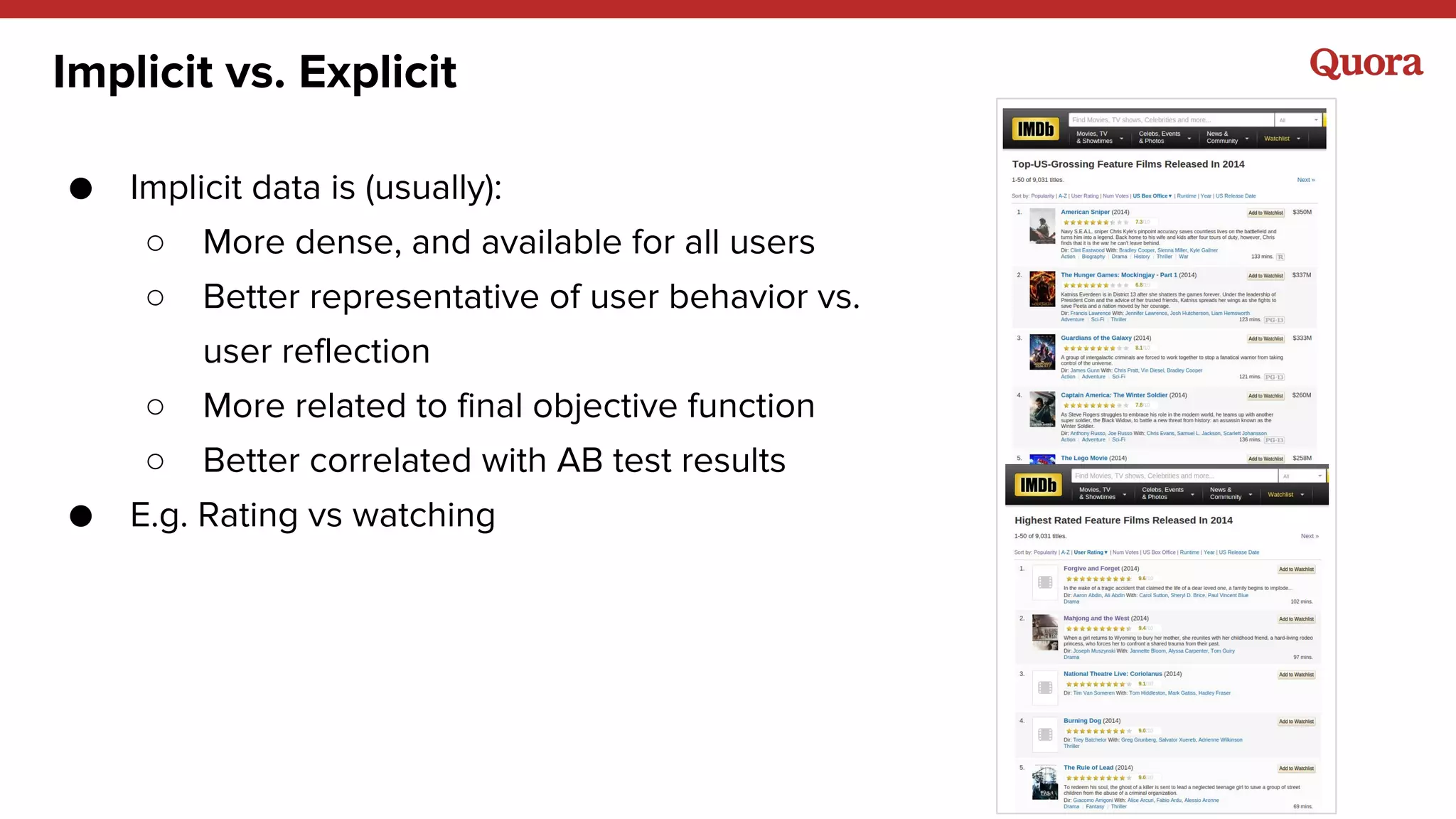 ● Implicit data is (usually):
○ More dense, and available for all users
○ Better representative of user behavior vs.
user reflection
○ More related to final objective function
○ Better correlated with AB test results
● E.g. Rating vs watching
Implicit vs. Explicit
 