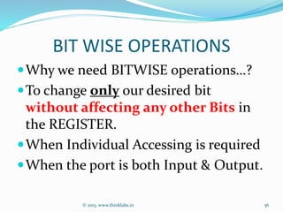 BIT WISE OPERATIONS
Why we need BITWISE operations…?
To change only our desired bit
without affecting any other Bits in
the REGISTER.
When Individual Accessing is required
When the port is both Input & Output.
© 2013, www.thinklabs.in 36
 