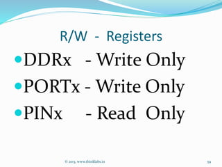 R/W - Registers
DDRx - Write Only
PORTx - Write Only
PINx - Read Only
© 2013, www.thinklabs.in 59
 