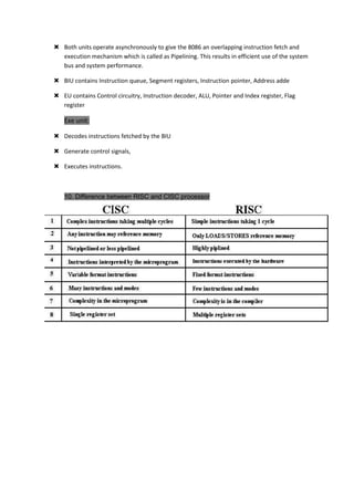 Both units operate asynchronously to give the 8086 an overlapping instruction fetch and
execution mechanism which is called as Pipelining. This results in efficient use of the system
bus and system performance.
 BIU contains Instruction queue, Segment registers, Instruction pointer, Address adde
 EU contains Control circuitry, Instruction decoder, ALU, Pointer and Index register, Flag
register

Exe unit:
 Decodes instructions fetched by the BIU
 Generate control signals,
 Executes instructions.

10. Difference between RISC and CISC processor

 