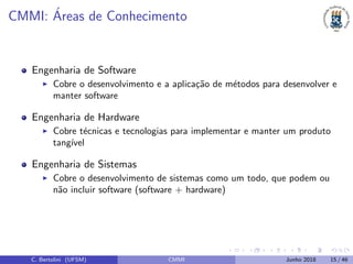 CMMI: ´Areas de Conhecimento
Engenharia de Software
Cobre o desenvolvimento e a aplica¸c˜ao de m´etodos para desenvolver e
manter software
Engenharia de Hardware
Cobre t´ecnicas e tecnologias para implementar e manter um produto
tang´ıvel
Engenharia de Sistemas
Cobre o desenvolvimento de sistemas como um todo, que podem ou
n˜ao incluir software (software + hardware)
C. Bertolini (UFSM) CMMI Junho 2018 15 / 46
 