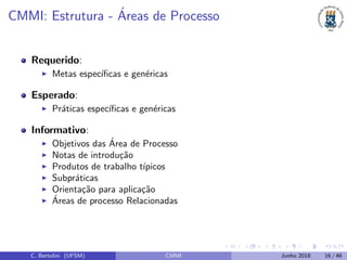 CMMI: Estrutura - ´Areas de Processo
Requerido:
Metas espec´ıﬁcas e gen´ericas
Esperado:
Pr´aticas espec´ıﬁcas e gen´ericas
Informativo:
Objetivos das ´Area de Processo
Notas de introdu¸c˜ao
Produtos de trabalho t´ıpicos
Subpr´aticas
Orienta¸c˜ao para aplica¸c˜ao
´Areas de processo Relacionadas
C. Bertolini (UFSM) CMMI Junho 2018 16 / 46
 