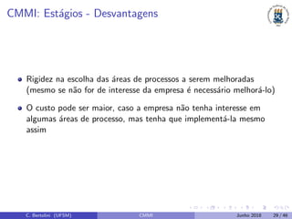 CMMI: Est´agios - Desvantagens
Rigidez na escolha das ´areas de processos a serem melhoradas
(mesmo se n˜ao for de interesse da empresa ´e necess´ario melhor´a-lo)
O custo pode ser maior, caso a empresa n˜ao tenha interesse em
algumas ´areas de processo, mas tenha que implement´a-la mesmo
assim
C. Bertolini (UFSM) CMMI Junho 2018 29 / 46
 