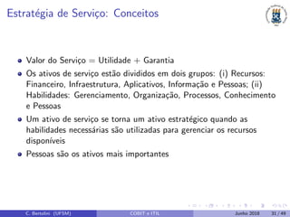Estrat´egia de Servi¸co: Conceitos
Valor do Servi¸co = Utilidade + Garantia
Os ativos de servi¸co est˜ao divididos em dois grupos: (i) Recursos:
Financeiro, Infraestrutura, Aplicativos, Informa¸c˜ao e Pessoas; (ii)
Habilidades: Gerenciamento, Organiza¸c˜ao, Processos, Conhecimento
e Pessoas
Um ativo de servi¸co se torna um ativo estrat´egico quando as
habilidades necess´arias s˜ao utilizadas para gerenciar os recursos
dispon´ıveis
Pessoas s˜ao os ativos mais importantes
C. Bertolini (UFSM) COBIT e ITIL Junho 2018 31 / 49
 