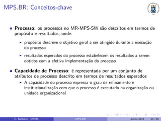 MPS.BR: Conceitos-chave
Processo: os processos no MR-MPS-SW s˜ao descritos em termos de
prop´osito e resultados, onde:
prop´osito descreve o objetivo geral a ser atingido durante a execu¸c˜ao
do processo
resultados esperados do processo estabelecem os resultados a serem
obtidos com a efetiva implementa¸c˜ao do processo
Capacidade de Processo: ´e representada por um conjunto de
atributos de processo descrito em termos de resultados esperados
A capacidade do processo expressa o grau de reﬁnamento e
institucionaliza¸c˜ao com que o processo ´e executado na organiza¸c˜ao ou
unidade organizacional
C. Bertolini (UFSM) MPS.BR Junho 2018 20 / 58
 
