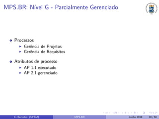 MPS.BR: N´ıvel G - Parcialmente Gerenciado
Processos
Gerˆencia de Projetos
Gerˆencia de Requisitos
Atributos de processo
AP 1.1 executado
AP 2.1 gerenciado
C. Bertolini (UFSM) MPS.BR Junho 2018 30 / 58
 