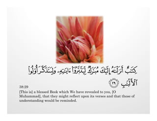 38:29
[This is] a blessed Book which We have revealed to you, [O
Muhammad], that they might reflect upon its verses and that those of
understanding would be reminded.
 
