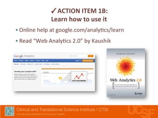 ✓ACTION 
ITEM 
1B: 
Learn 
how 
to 
use 
it 
• Online 
help 
at 
google.com/analy,cs/learn 
• Read 
“Web 
Analy,cs 
2.0” 
by 
Kaushik 
 