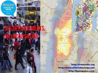 Ses déplacements,
sa localisation



                              http://livehoods.org
                    http://www.wheredoyougo.net
                            http://foursquare.com
 