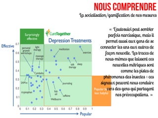 Nous comprendre
La socialisation/gamification de nos mesures

                  « L'autosuivi peut sembler
                 parfois narcissique, mais il
               permet aussi aux gens de se
            connecter les uns aux autres de
               façon nouvelle. Les traces de
               nous-mêmes que laissent ces
                    nouvelles métriques sont
                         comme les pistes de
              phéromones des insectes : ces
            signaux peuvent nous conduire
                vers des gens qui partagent
                     nos préoccupations. »
 