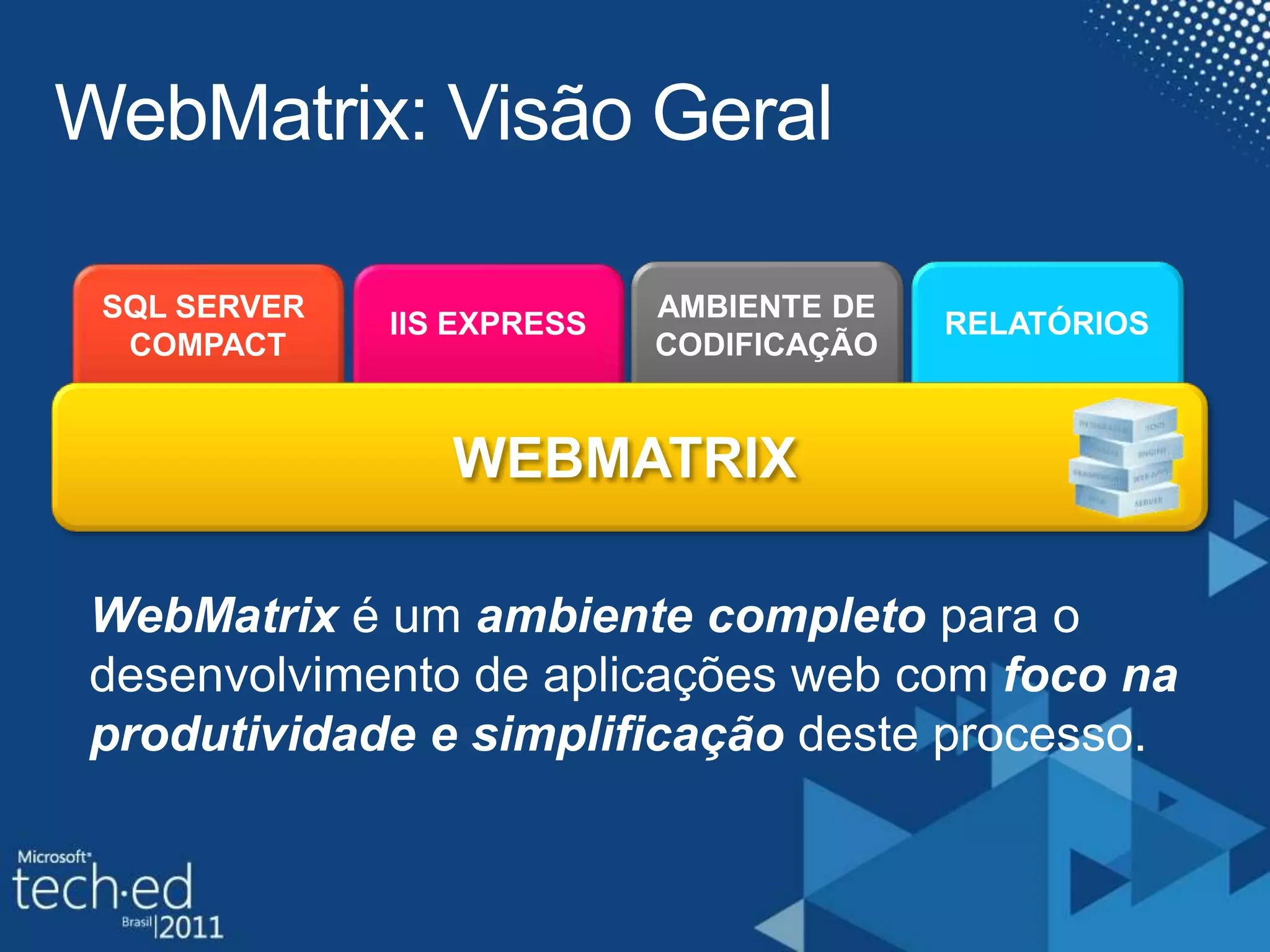 WebMatrix: VisãoGeralSQL SERVER COMPACTAMBIENTE DECODIFICAÇÃOIIS EXPRESSRELATÓRIOSWebMatrixé um ambientecompletopara o desenvolvimento de aplicações web com foconaprodutividade e simplificaçãodesteprocesso.WEBMATRIX