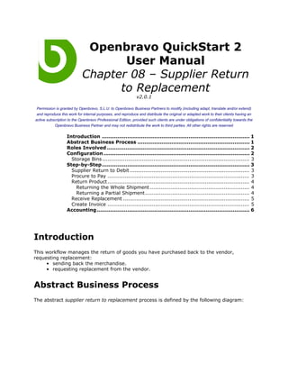 Openbravo QuickStart 2
                                   User Manual
                            Chapter 08 – Supplier Return
                                  to Replacement
                                                             v2.0.1

 Permission is granted by Openbravo, S.L.U. to Openbravo Business Partners to modify (including adapt, translate and/or extend)
 and reproduce this work for internal purposes, and reproduce and distribute the original or adapted work to their clients having an
active subscription to the Openbravo Professional Edition, provided such clients are under obligations of confidentiality towards the
            Openbravo Business Partner and may not redistribute the work to third parties. All other rights are reserved


                   Introduction ....................................................................................... 1
                   Abstract Business Process .................................................................. 1
                   Roles Involved .................................................................................... 2
                   Configuration ...................................................................................... 2
                     Storage Bins ...................................................................................... 3
                   Step-by-Step....................................................................................... 3
                     Supplier Return to Debit ...................................................................... 3
                     Procure to Pay ................................................................................... 3
                     Return Product ................................................................................... 4
                       Returning the Whole Shipment .......................................................... 4
                       Returning a Partial Shipment ............................................................. 4
                     Receive Replacement .......................................................................... 5
                     Create Invoice ................................................................................... 5
                   Accounting .......................................................................................... 6




Introduction
This workflow manages the return of goods you have purchased back to the vendor,
requesting replacement:
     • sending back the merchandise.
     • requesting replacement from the vendor.


Abstract Business Process
The abstract supplier return to replacement process is defined by the following diagram:
 