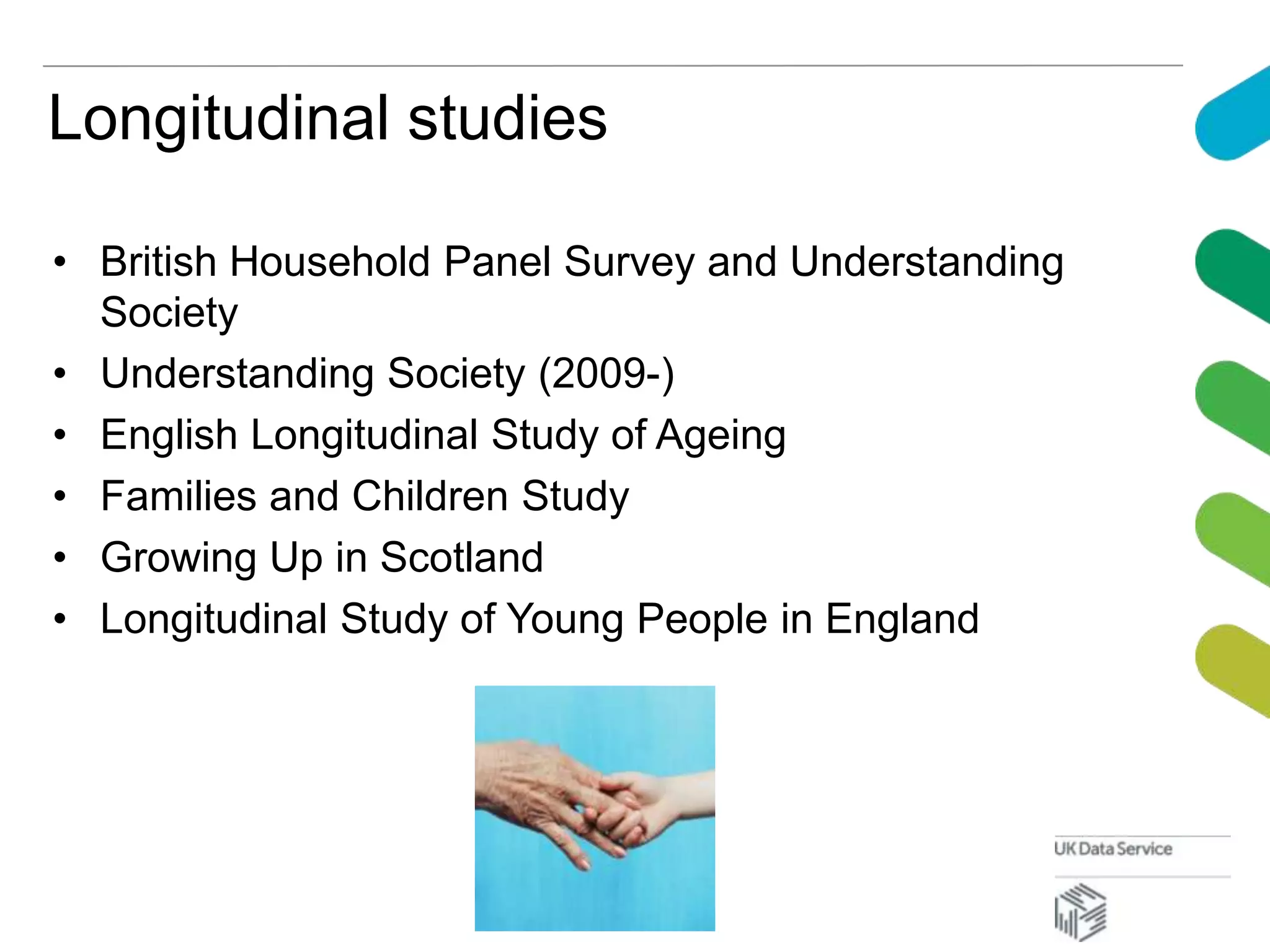 Longitudinal studies
• British Household Panel Survey and Understanding
Society
• Understanding Society (2009-)
• English Longitudinal Study of Ageing
• Families and Children Study
• Growing Up in Scotland
• Longitudinal Study of Young People in England
 