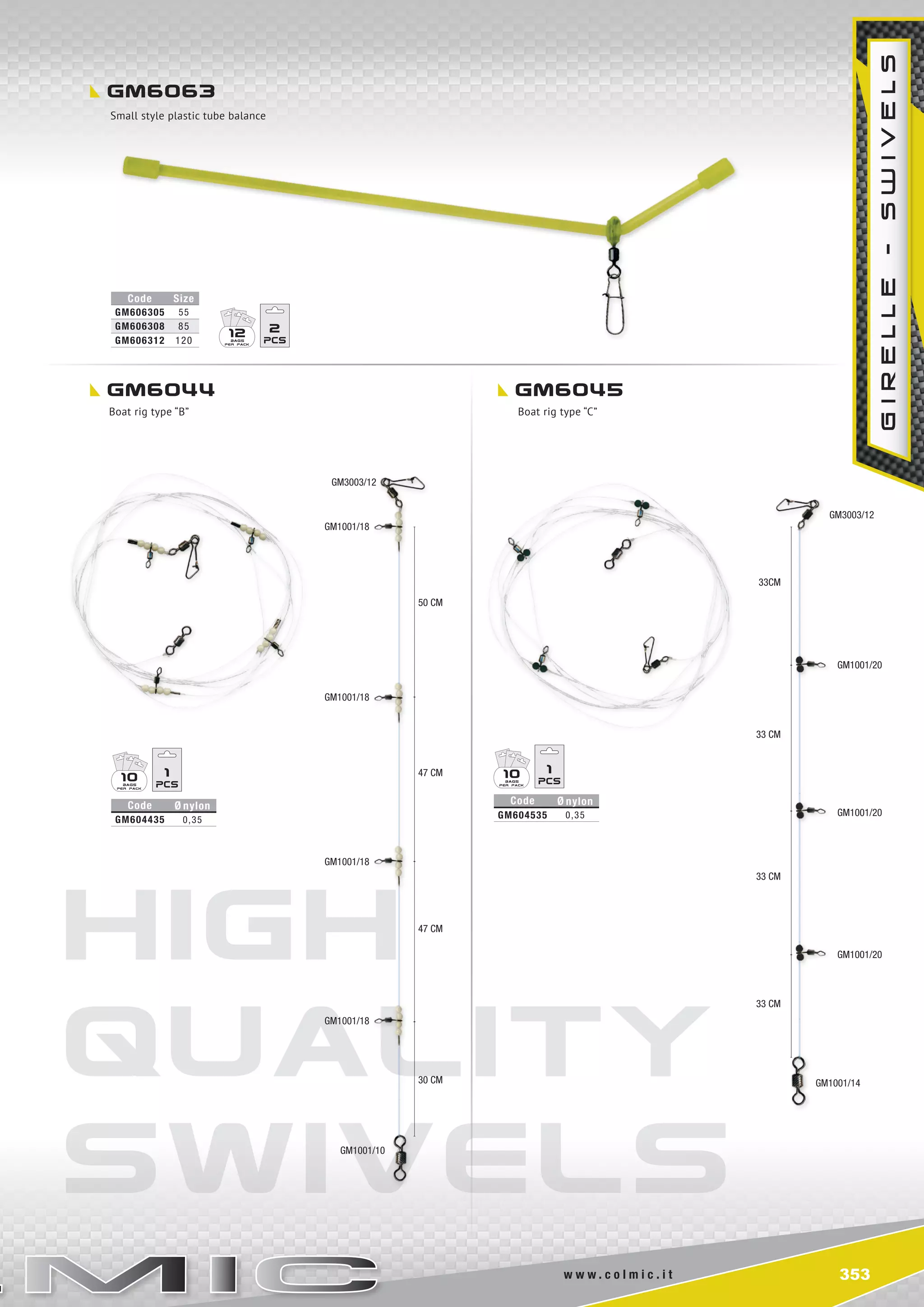 High
Quality
Swivels
353w w w . c o l m i c . i t
10 1 10 1
12 2
gm6063
gm6044 gm6045
Code Size
GM606305 55
GM606308 85
GM606312 120
Code Ø nylon
GM604435 0,35
Code Ø nylon
GM604535 0,35
GM3003/12
GM1001/18
GM1001/18
30 cm
47 cm
47 cm
50 cm
GM1001/18
GM1001/18
GM1001/10
GM3003/12
33cm
33 cm
33 cm
33 cm
GM1001/20
GM1001/20
GM1001/20
GM1001/14
girelle-swivels
Small style plastic tube balance
Boat rig type “B” Boat rig type “C”
 