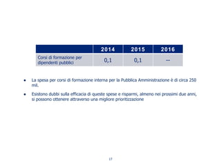 La spesa per corsi di formazione interna per la Pubblica Amministrazione è di circa 250
mil.
Esistono dubbi sulla efficacia di queste spese e risparmi, almeno nei prossimi due anni,
si possono ottenere attraverso una migliore prioritizzazione
2014 2015 2016
Corsi di formazione per
dipendenti pubblici 0,1 0,1 --
17
 