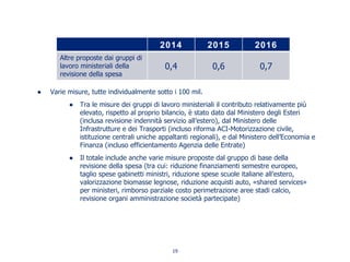 Varie misure, tutte individualmente sotto i 100 mil.
Tra le misure dei gruppi di lavoro ministeriali il contributo relativamente più
elevato, rispetto al proprio bilancio, è stato dato dal Ministero degli Esteri
(inclusa revisione indennità servizio all’estero), dal Ministero delle
Infrastrutture e dei Trasporti (incluso riforma ACI-Motorizzazione civile,
istituzione centrali uniche appaltanti regionali), e dal Ministero dell’Economia e
Finanza (incluso efficientamento Agenzia delle Entrate)
Il totale include anche varie misure proposte dal gruppo di base della
revisione della spesa (tra cui: riduzione finanziamenti semestre europeo,
taglio spese gabinetti ministri, riduzione spese scuole italiane all’estero,
valorizzazione biomasse legnose, riduzione acquisti auto, «shared services»
per ministeri, rimborso parziale costo perimetrazione aree stadi calcio,
revisione organi amministrazione società partecipate)
2014 2015 2016
Altre proposte dai gruppi di
lavoro ministeriali della
revisione della spesa
0,4 0,6 0,7
19
 