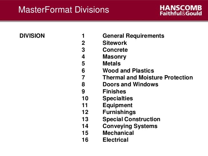 qs approach to project cost master format divisions