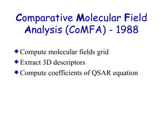 Comparative Molecular Field 
Analysis (CoMFA) - 1988 
Compute molecular fields grid 
Extract 3D descriptors 
Compute coefficients of QSAR equation 
 