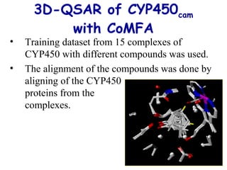 3D-QSAR of CYP450cam 
with CoMFA 
• Training dataset from 15 complexes of 
CYP450 with different compounds was used. 
• The alignment of the compounds was done by 
aligning of the CYP450 
proteins from the 
complexes. 
 