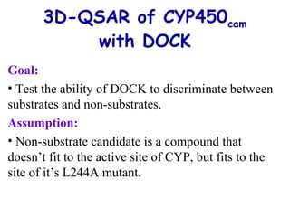 3D-QSAR of CYP450cam 
with DOCK 
Goal: 
• Test the ability of DOCK to discriminate between 
substrates and non-substrates. 
Assumption: 
• Non-substrate candidate is a compound that 
doesn’t fit to the active site of CYP, but fits to the 
site of it’s L244A mutant. 
 