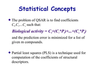 Statistical Concepts 
The problem of QSAR is to find coefficients 
C0,C1,...Cn such that: 
Biological activity = C0+(C1*P1)+...+(Cn*Pn) 
and the prediction error is minimized for a list of 
given m compounds. 
Partial least squares (PLS) is a technique used for 
computation of the coefficients of structural 
descriptors. 
 