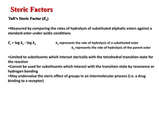 Steric Factors
Taft’s Steric Factor (Es)
•Measured by comparing the rates of hydrolysis of substituted aliphatic esters against a
standard ester under acidic conditions
Es = log kx - log ko kx represents the rate of hydrolysis of a substituted ester
ko represents the rate of hydrolysis of the parent ester
•Limited to substituents which interact sterically with the tetrahedral transition state for
the reaction
•Cannot be used for substituents which interact with the transition state by resonance or
hydrogen bonding
•May undervalue the steric effect of groups in an intermolecular process (i.e. a drug
binding to a receptor)
 