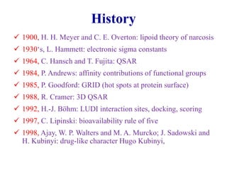 History
 1900, H. H. Meyer and C. E. Overton: lipoid theory of narcosis
 1930‘s, L. Hammett: electronic sigma constants
 1964, C. Hansch and T. Fujita: QSAR
 1984, P. Andrews: affinity contributions of functional groups
 1985, P. Goodford: GRID (hot spots at protein surface)
 1988, R. Cramer: 3D QSAR
 1992, H.-J. Böhm: LUDI interaction sites, docking, scoring
 1997, C. Lipinski: bioavailability rule of five
 1998, Ajay, W. P. Walters and M. A. Murcko; J. Sadowski and
H. Kubinyi: drug-like character Hugo Kubinyi,
 