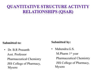 Submitted to:
• Dr. B.R Prasanth
Asst. Professor
Pharmaceutical Chemistry
JSS College of Pharmacy,
Mysore
Submitted by:
• Mahendra.G.S.
M.Pharm 1st year
Pharmaceutical Chemistry
JSS College of Pharmacy,
Mysore
 